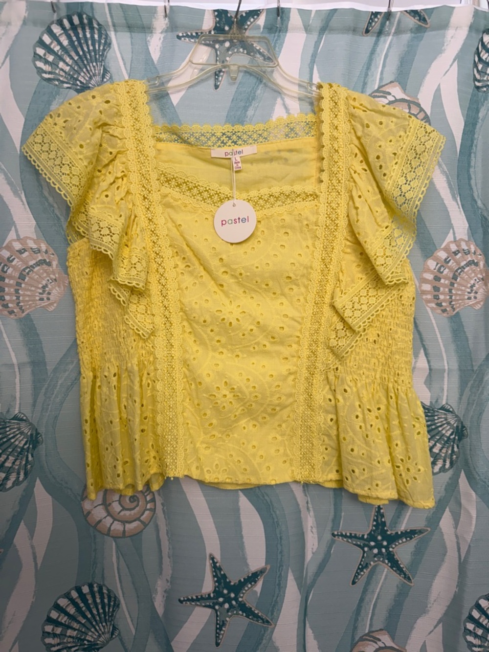 Pastels Yellow Eyelet Lace Flutter Sleeve Top